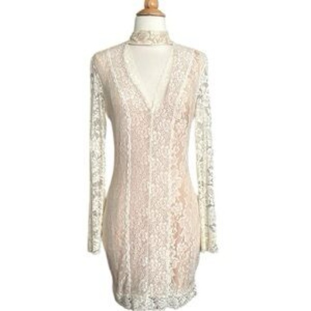 BEBE Cream Floral Lace Choker Mock Neck Mini Dress - Picture 7 of 12